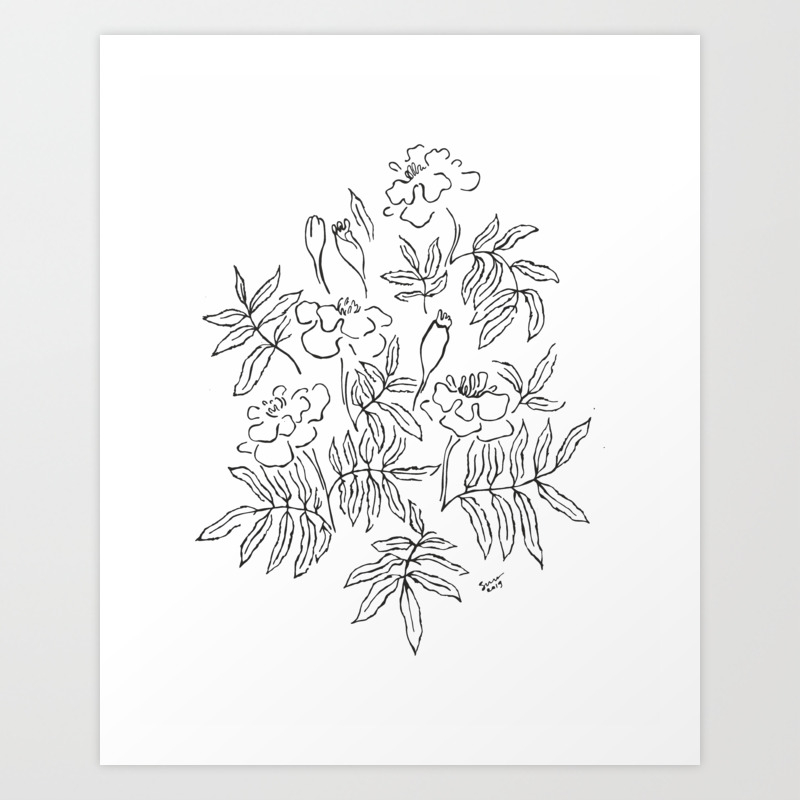 Marigold Drawing Line Art Sketch Of Flowers Art Print By Rootsart Society6