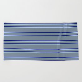 [ Thumbnail: Light Slate Gray, Dark Blue, and Light Blue Colored Stripes/Lines Pattern Beach Towel ]