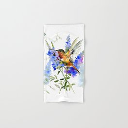 Alen's Hummingbird and Blue Flowers, floral bird design birds, watercolor floral bird art Hand & Bath Towel