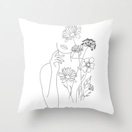 Minimal Line Art Woman with Flowers III Throw Pillow