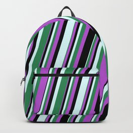 [ Thumbnail: Orchid, Black, Light Cyan, and Sea Green Colored Lined/Striped Pattern Backpack ]