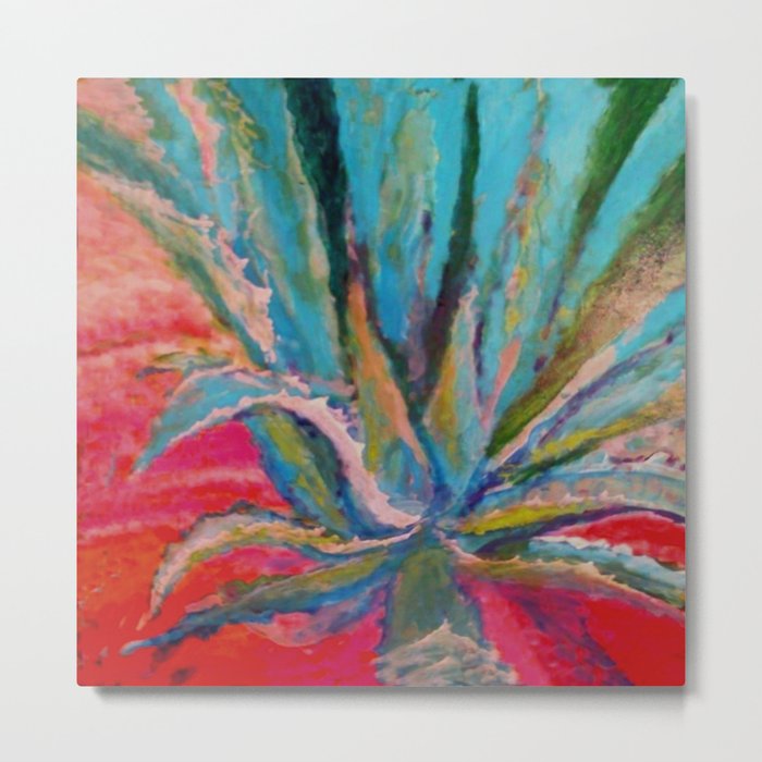 TROPICAL TURQUOISE BLUE AGAVE CACTI FUCHSIA  PATTERN Metal Print