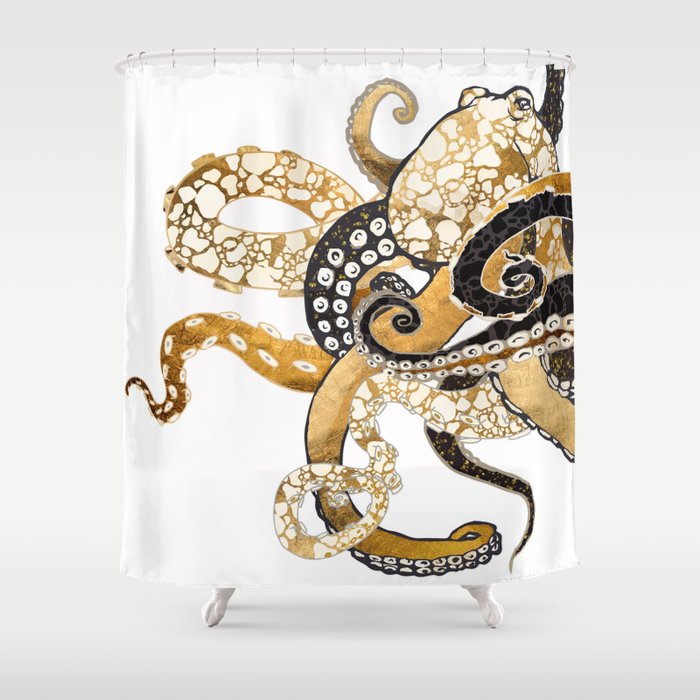 Metallic Octopus Shower Curtain By, Octopus Shower Curtain Hooks