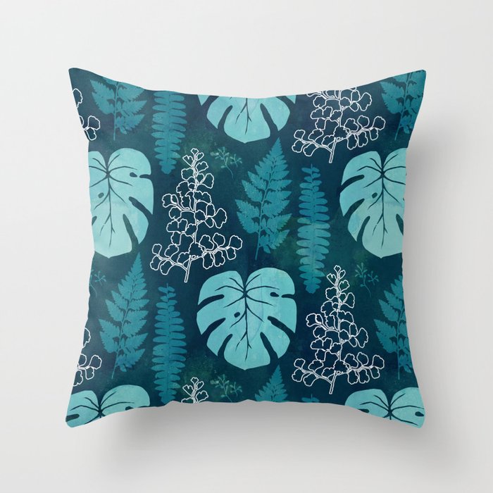 Tropical leaves on dark green Throw Pillow