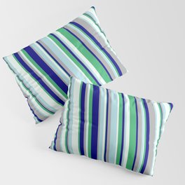[ Thumbnail: Eye-catching Powder Blue, Dark Gray, Blue, Sea Green & Mint Cream Colored Striped Pattern Pillow Sham ]