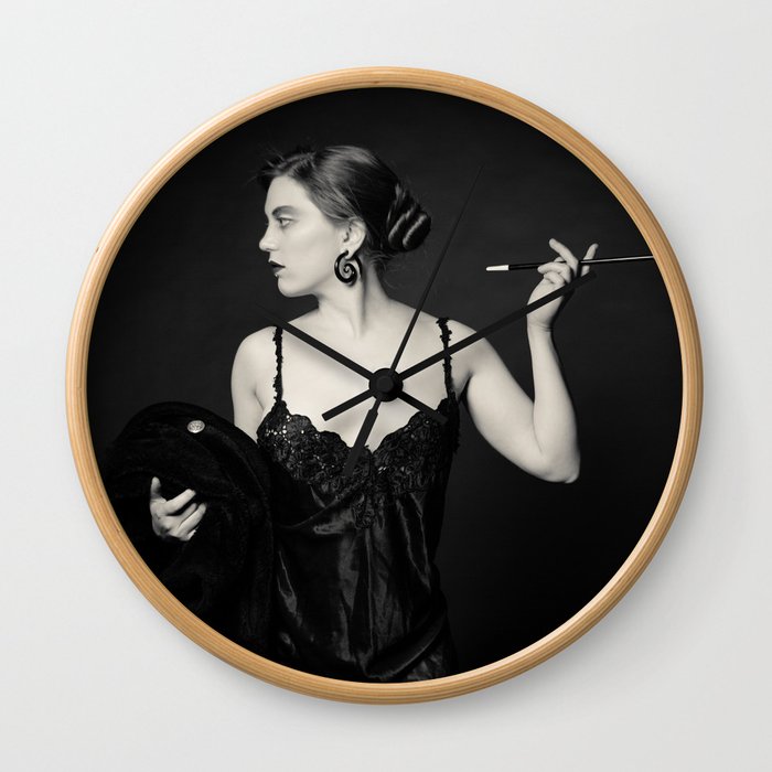 "A Noir Night Out" - The Playful Pinup - Modern Gothic Twist on Pinup by Maxwell H. Johnson Wall Clock