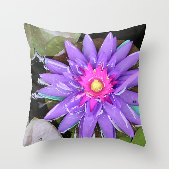 Purple turquoise aquatic waterlily lotus flower in full bloom water in Thailand Throw Pillow