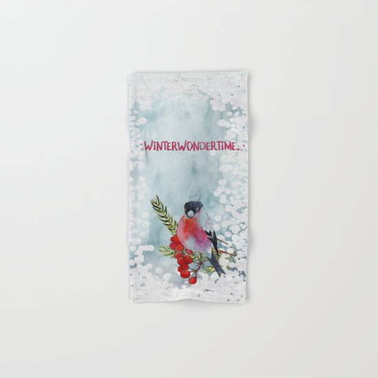 Winter Wondertime - Merry christmas- Little finch on branch-covered with snow Hand & Bath Towel