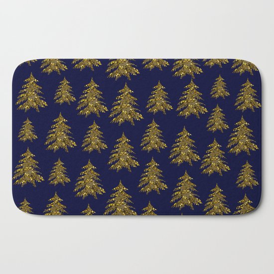 Sparkly Gold Christmas Tree On Dark Blue Bath Mat By