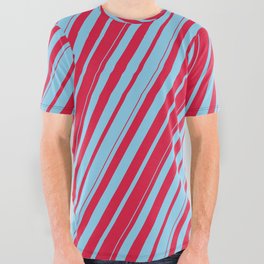 [ Thumbnail: Crimson & Sky Blue Colored Lines Pattern All Over Graphic Tee ]