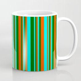 [ Thumbnail: Red, Cyan, and Dark Green Colored Lined/Striped Pattern Coffee Mug ]