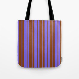 [ Thumbnail: Medium Slate Blue & Brown Colored Stripes/Lines Pattern Tote Bag ]