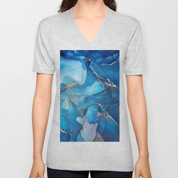 Deep Cerulean + Azure Abstract Ripples V Neck T Shirt