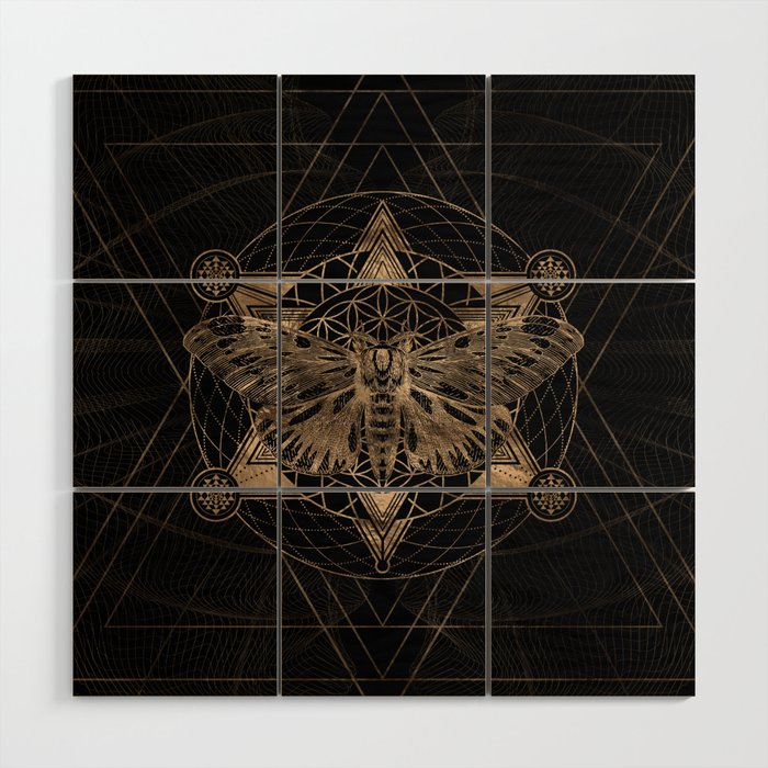 Regal moth in Sacred Geometry - Black and Gold Wood Wall Art