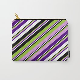 [ Thumbnail: Green, Plum, Indigo, White & Black Colored Lines/Stripes Pattern Carry-All Pouch ]