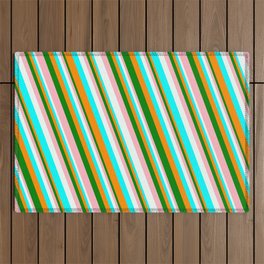 [ Thumbnail: Vibrant Dark Orange, Green, Light Pink, Mint Cream, and Aqua Colored Striped/Lined Pattern Outdoor Rug ]