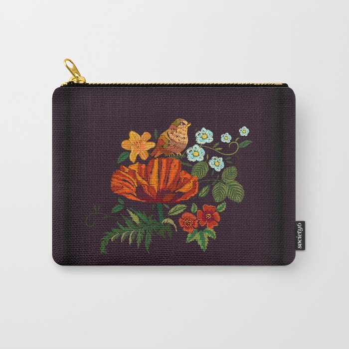 Pillow. Vintage floral embroidery design on black background. Bird, Red Poppy and yellow Lily flowers. Vintage illustration Carry-All Pouch
