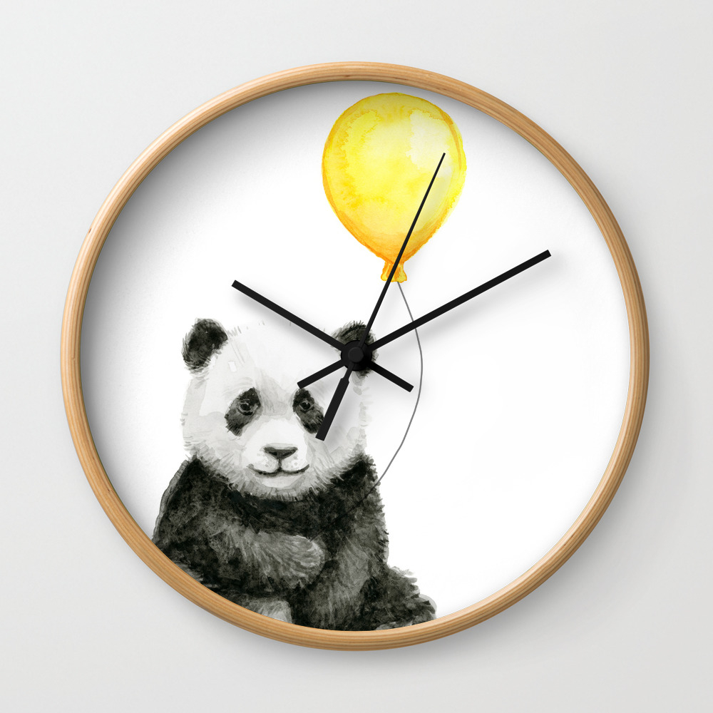 Panda Watercolor Animal With Yellow Balloon Nursery Baby Animals Panda Watercolor Animal With Yellow Balloon Nursery Baby Animals Wall Clock