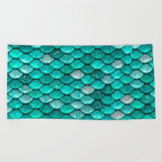 Aqua & mint mermaid glitter scales - Luxury Mermaid Scales Beach Towel