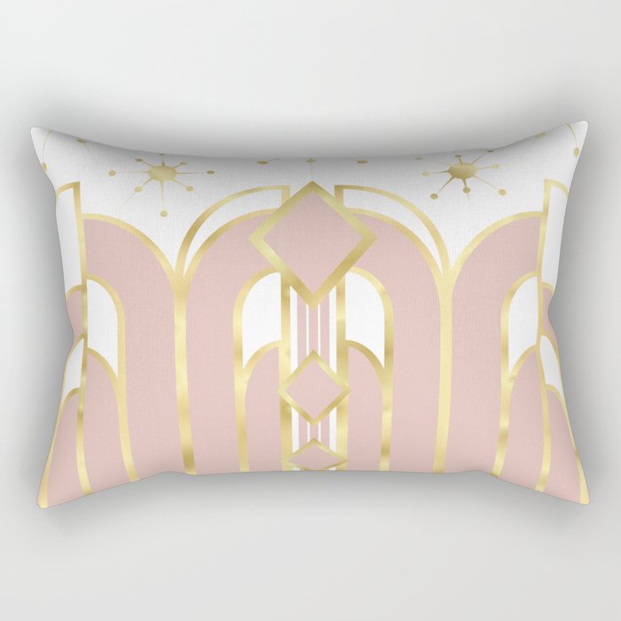 Art Deco Geometric Architectural Shapes and Stars in Blush Pink and Yellow Gold Rectangular Pillow