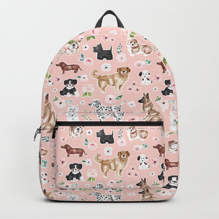 Watercolor Dog Painting, Pink Floral, Dog Pattern, Puppy Dog Decor, Pets, Cute Dogs Backpack