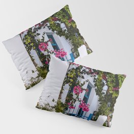 Traditional Greek Street Scenery | Blue Door and Pink Flowers | Island Life | Travel Photography in Europe Pillow Sham