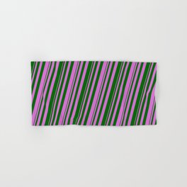 [ Thumbnail: Orchid & Dark Green Colored Lined/Striped Pattern Hand & Bath Towel ]