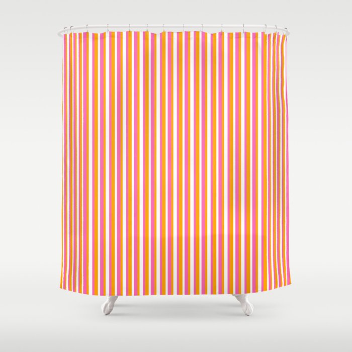 Orange, Hot Pink, and White Colored Striped Pattern Shower Curtain