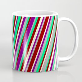 [ Thumbnail: Colorful Dark Gray, Green, Dark Red, Light Yellow, and Purple Colored Lined/Striped Pattern Coffee Mug ]