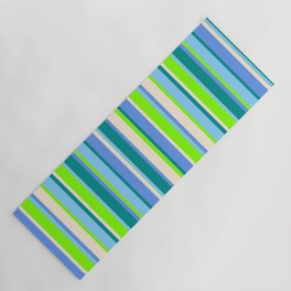 [ Thumbnail: Eye-catching Chartreuse, Light Sky Blue, Dark Cyan, Cornflower Blue, and Beige Colored Lines Pattern Yoga Mat ]