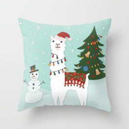 Santa Llama with Christmas Tree Throw Pillow