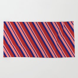 [ Thumbnail: Light Coral, Midnight Blue, and Red Colored Stripes/Lines Pattern Beach Towel ]