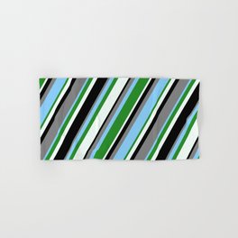 [ Thumbnail: Gray, Light Sky Blue, Forest Green, Mint Cream & Black Colored Striped Pattern Hand & Bath Towel ]