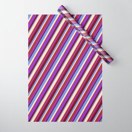 [ Thumbnail: Eye-catching Bisque, Red, Purple, Maroon, and Cornflower Blue Colored Lines Pattern Wrapping Paper ]