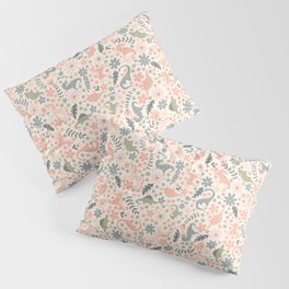 Floral Burst of Dinosaurs and Unicorns in Pink + Green Pillow Sham