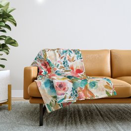 Red Turquoise Teal Floral Watercolor Throw Blanket