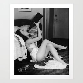 Typical Monday for the working gal after work; female drinking from giant magnum of champagne black and white humorous photograph - photography - photograph Art Print