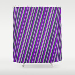 [ Thumbnail: Dark Violet, Dark Gray, and Dark Slate Gray Colored Striped Pattern Shower Curtain ]