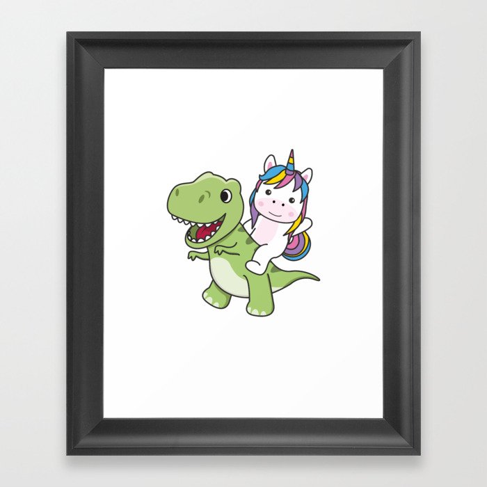 Unicorn Rides On Trex Cute Dinosaur With Unicorns Framed Art Print