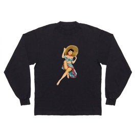 Sexy Brunette Pin Up With Straw Hat Red And Blue Vintage Dress Long Sleeve T-shirt