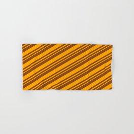 [ Thumbnail: Brown and Orange Colored Striped/Lined Pattern Hand & Bath Towel ]