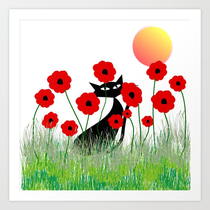 Whimsical Black Cat And Red Poppies Art Print By Kippygirl Society6
