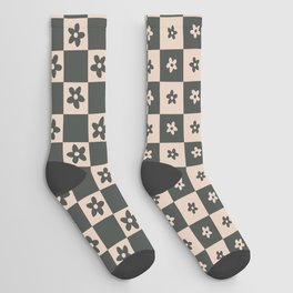 Abstract Floral Checker Pattern 12 in Tan Black Socks