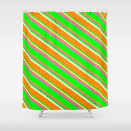 [ Thumbnail: Light Yellow, Dark Orange, Orchid, and Lime Colored Lined Pattern Shower Curtain ]