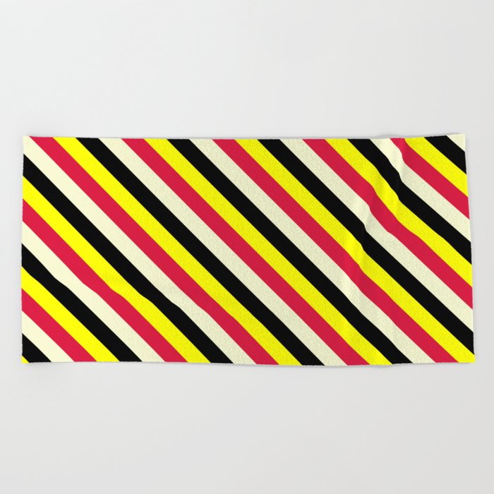 Yellow, Crimson, Light Yellow & Black Colored Stripes/Lines Pattern Beach Towel
