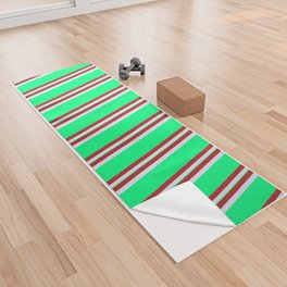 [ Thumbnail: Lavender, Red & Green Colored Striped Pattern Yoga Towel ]