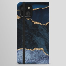 Navy Blue Gold Agate Geode Stone Jewel Pattern iPhone Wallet Case