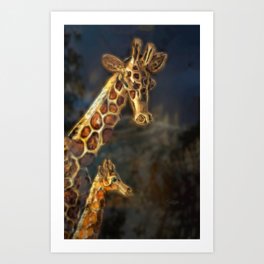 Giraffe Mom and child art Art Print