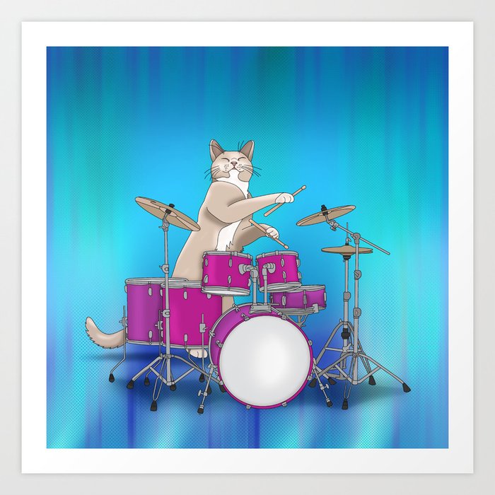 Cat Playing Drums - Blue Art Print