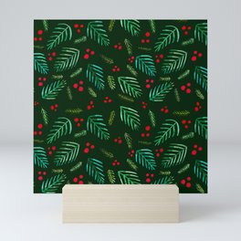 Christmas tree branches and berries - green Mini Art Print
